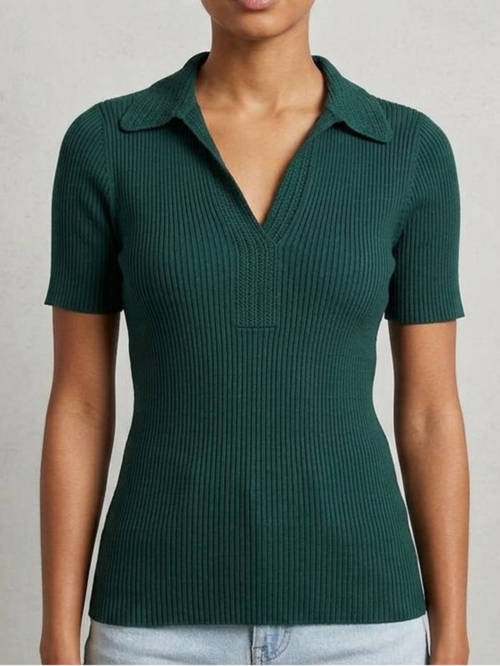 LOFT Green Ribbed Short Sleeve Polo Sweater Preppy Minimal Timeless XL